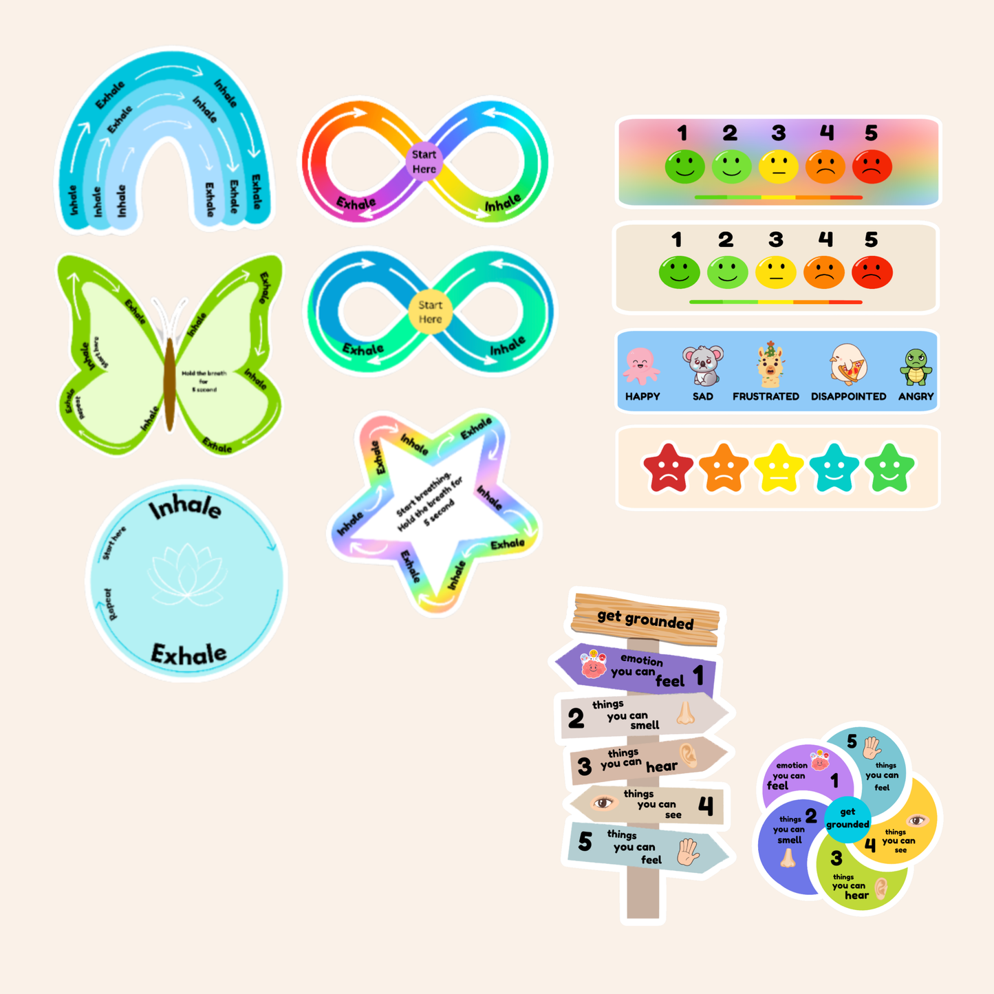 English Sensory and non sensory stickers: Breathing Techniques, Stress relief